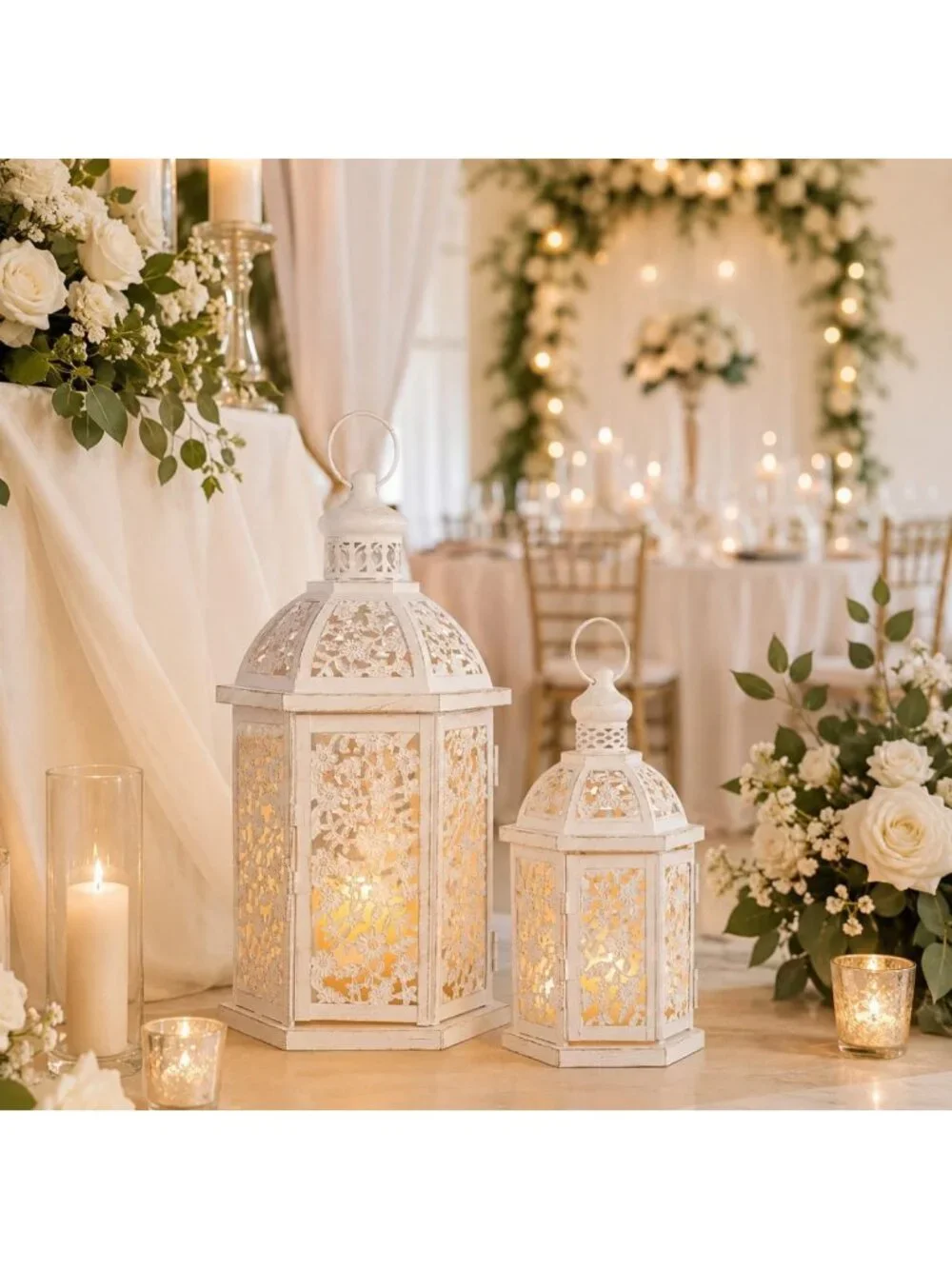 Set of 2 White Metal Lanterns - Decorative Candle Holders for Indoor & Outdoor